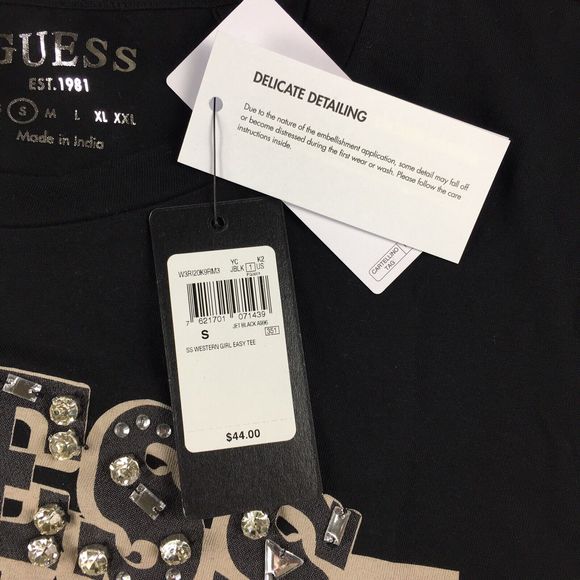 Guess Women's Short Sleeve Eco 1981 Western Girl Tee Rhinestone Black Small NWT - Picture 8 of 12